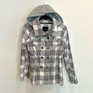 Hurley women’s trench coat, black and white plaid, Size S